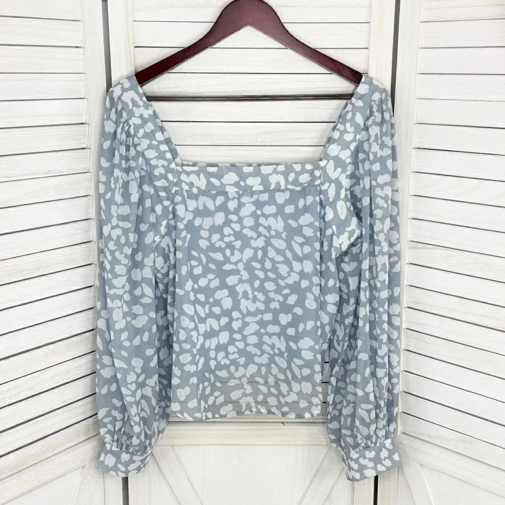 Lucca Petal Print Square‎ Neck Crop Blouse Blue White Large Long Balloon Sleeve